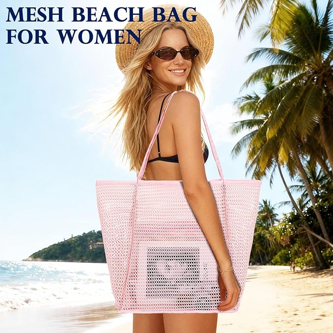 Fammart Mesh Beach Bag, Large Beach Tote with Zipper Pocket, Toys Pool Bag for Family Travel Vacation Cruise Essentials