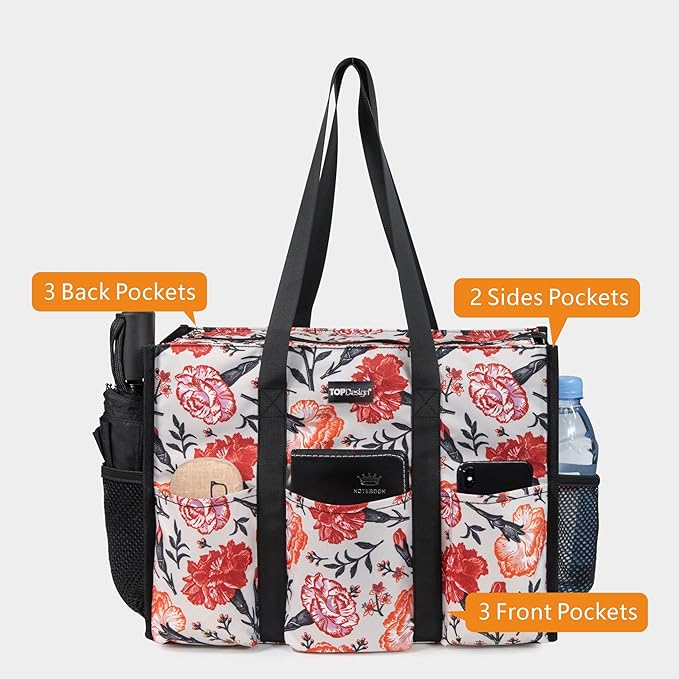 TOPDesign Utility Water Resistant Tote Bag with 13 Pockets, Top Zipper Closure & Thick Bottom Support, for Working Women