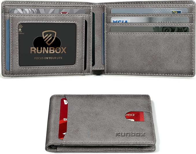 RUNBOX Wallet for Men Slim 11 Credit Card Holder Slots Leather RFID Blocking Small Thin Men's Wallet Bifold Minimalist Front Pocket Large Capacity Gift Box