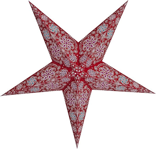 GalaxyArts Paper Star Lanterns, 24 Inch Red Chakra 3D Light-Up Hanging Lamp, Handcrafted Hollow Out 5-Point Star Decoration for Christmas, Wedding, Birthday, Parties, Indoor Outdoor Holiday Home Décor