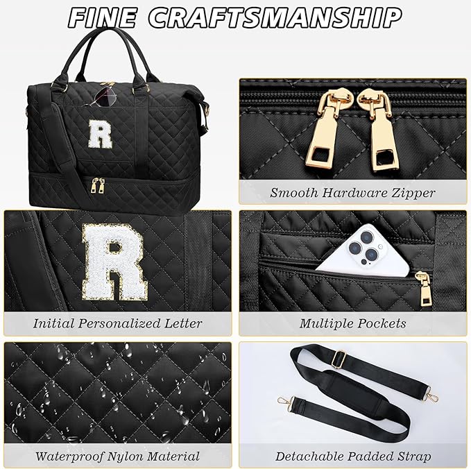 Gifts for Friend Women Girls Birthday Initial Travel Duffle Bag Quilted Weekender Bags Carry-On Overnight with Makeup Bag, Gym Bag with Shoe Compartment, Black R