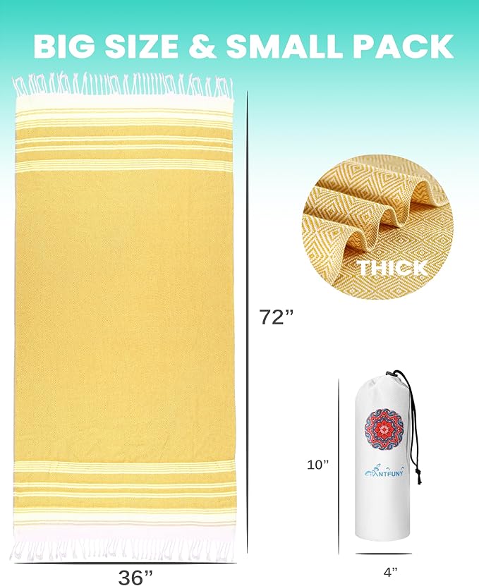 Antfuny Turkish Beach Towels Vacation Essentials Quick Dry Sand Free Oversized Bath Pool Swim Towel Extra Large XL Big Blanket Adult Men Travel Cruise Accessories Must Haves Clearance Yellow