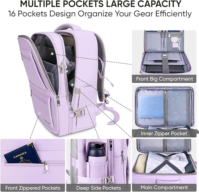 BALEINE Travel Backpack for Women Men, Large Sturdy Carry On Laptop Backpack Gifts for Business, Casual, Weekender, Hiking (Large, Lavender)