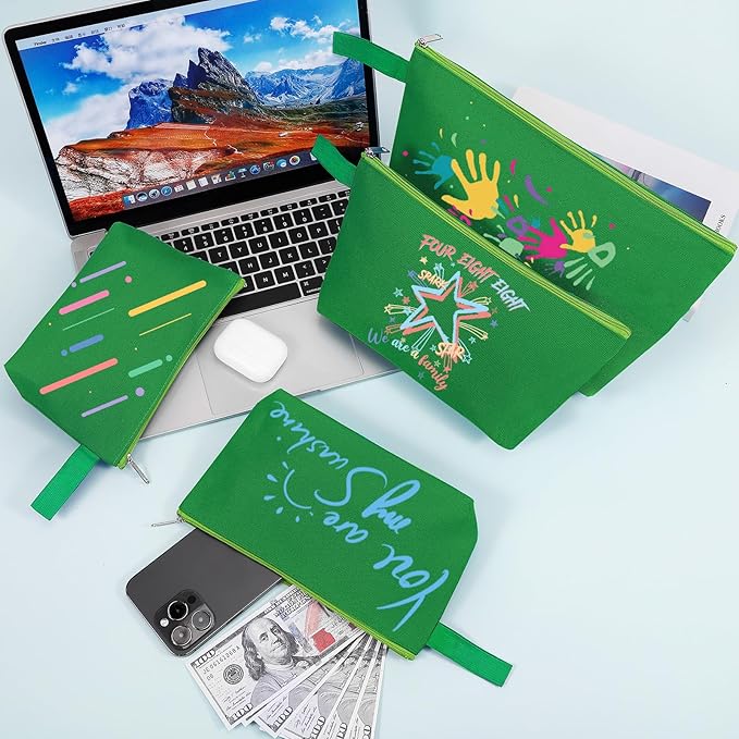 10 Pieces Cotton Canvas Makeup Bag with Bottom and Strap, Multi-Purpose Cosmetic Bag with Zipper Travel Toiletry Pouch, Blank DIY Craft Bag (Green, S)