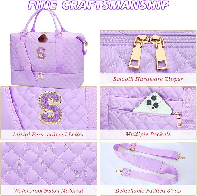 Teenager Girl Initial Travel Duffle Bag Quilted Weekender Bags Carry-On Overnight with Cosmetic Bag, Gym Bag with Shoe Compartment Hospital Bag for Women Labor Delivery, Purple-S