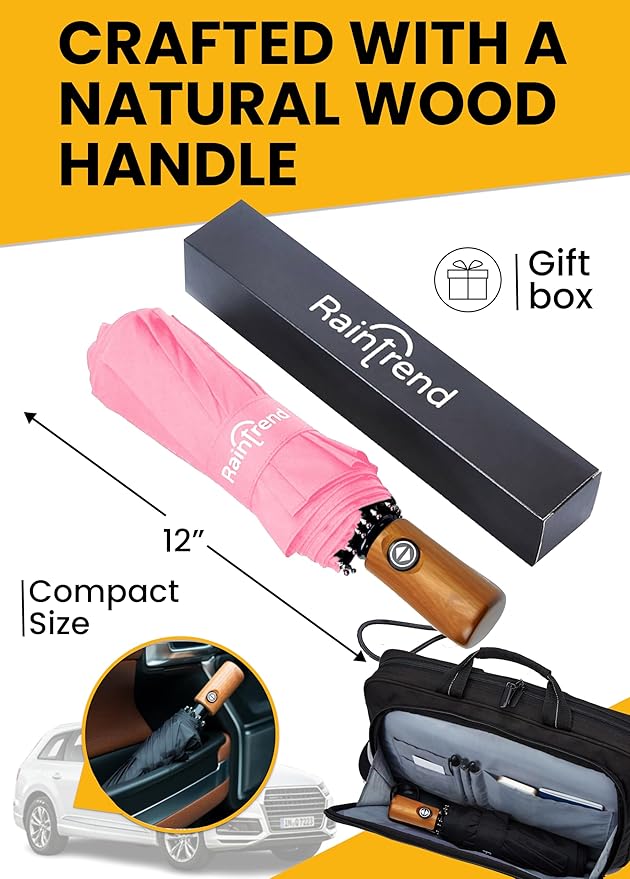 Raintrend Windproof Travel Umbrellas for Rain Automatic +10% Bigger Canopy Strong Frame Compact Folding Portable Umbrella for Women Men Backpack Purse
