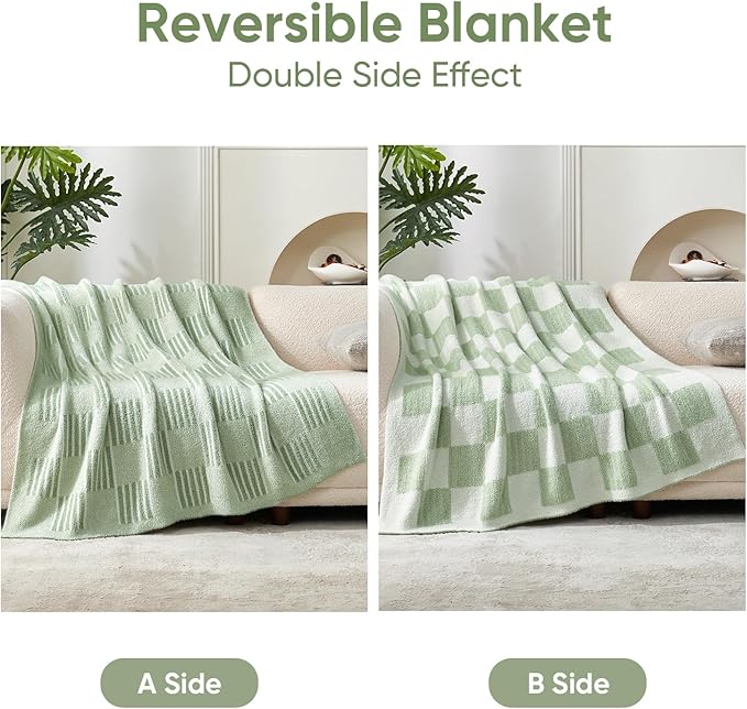 Snuggle Sac Sage Green Checkered Throw Blanket, Super Soft Reversible Cozy Warm Faux Fur Blankets for Couch Bedroom,Cute Lightweight Striped Throws for Women,Heather Sage Green,50x60 inches