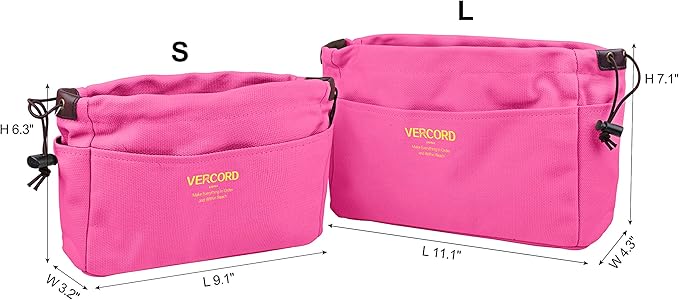 Vercord Canvas Handbag Organizers, Sturdy Purse Insert Organizer Bag in Bag, 10 Pockets Color Rose Small
