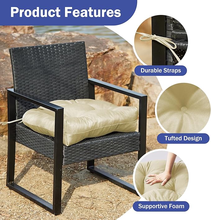 Outdoor Chair Cushions Set of 2, Patio Chair Cushions with Ties, 19x19+5” Tufted Outdoor Seat Cushions, Waterproof Patio Furniture Cushions, Outdoor Dining Chair Pads, Beige
