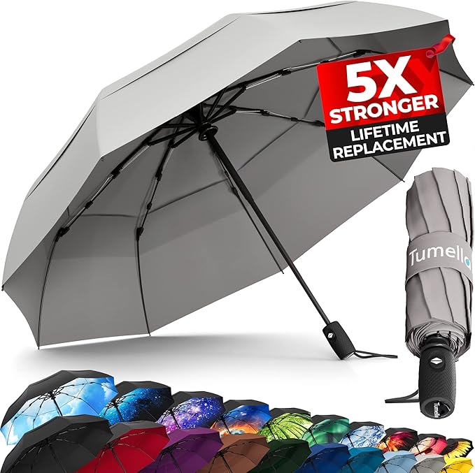 TUMELLA Strongest Windproof Travel Umbrella (Compact, Superior & Beautiful), Small, Wind-Tested, Light & Portable, Automatic Folding Rain Umbrella, Durable Premium Grip, Fits Car and Backpack