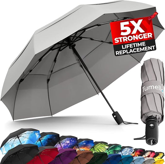 TUMELLA Strongest Windproof Travel Umbrella (Compact, Superior & Beautiful), Small, Wind-Tested, Light & Portable, Automatic Folding Rain Umbrella, Durable Premium Grip, Fits Car and Backpack