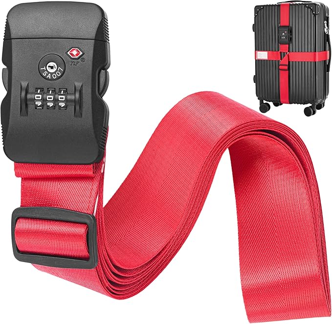 BlueCosto - Luggage Strap with TSA Lock - 7 to 13 ft Adjustable, Bright Red - TSA Approved Suitcase Security Belt with 3 Digit Combination Locking - 2" Wide Heavy Duty Baggage Strap for Secure Travel