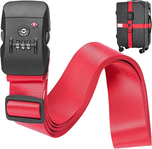 BlueCosto - Luggage Strap with TSA Lock - 7 to 13 ft Adjustable, Bright Red - TSA Approved Suitcase Security Belt with 3 Digit Combination Locking - 2" Wide Heavy Duty Baggage Strap for Secure Travel