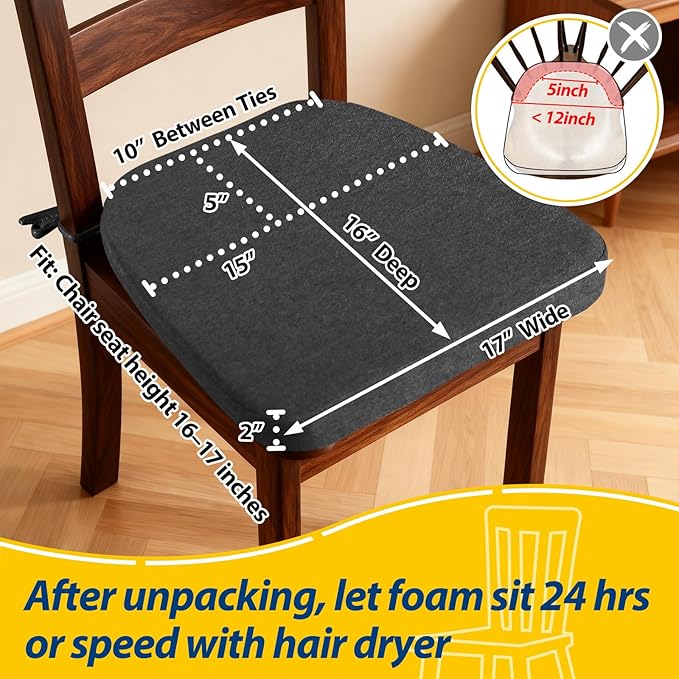 AAAAAcessories D-Shaped Chair Cushions, 2" Thick Dining Chair Pads with Ties and Removable, Machine-Washable Cover, 17" x 16", Set of 8, Dark Grey