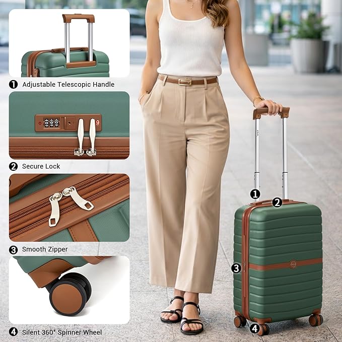 Kono Expandable Carry On Luggage 22x14x9 Airline Approved with Spinner Wheels, 20 Inch Durable & Impact-Resistant PC+ABS Hardshell Rolling Suitcase Travel Luggage with Lock, Green/Brown