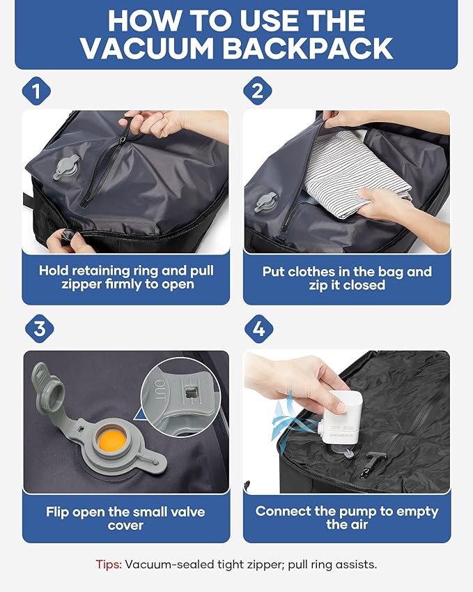 Vacuum Backpack Travel with Pump,Large Travel Backpack with Vacuum System,Mochila compresion al vacio,Flight Approved 18x14x8,Waterproof Carry on Personal Item Laptop Backpacks,Black