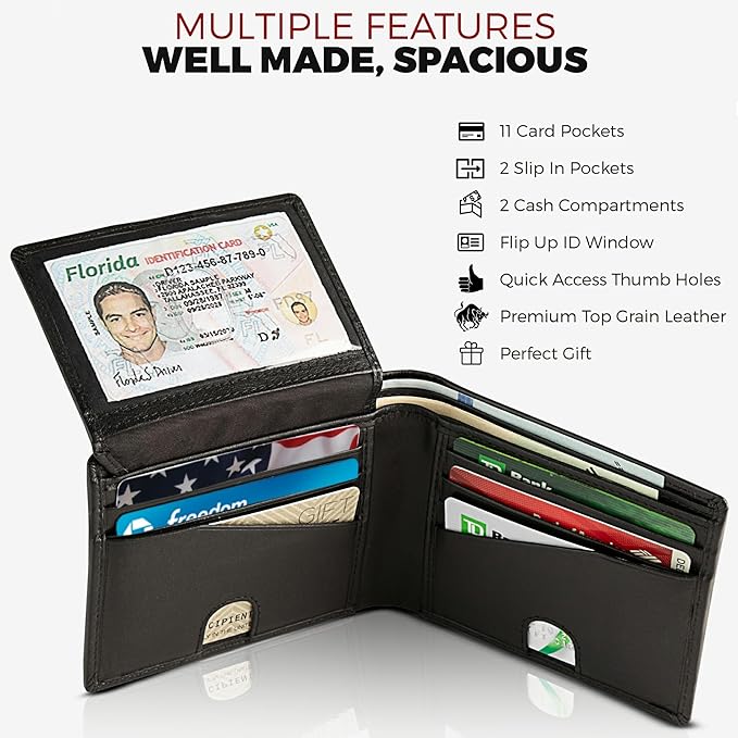 BULL GUARD RFID Blocking Wallet For Men Bifold Soft Black Genuine Nappa Leather Secure and Durable Extra Capacity Billfold with 11 Credit Cards