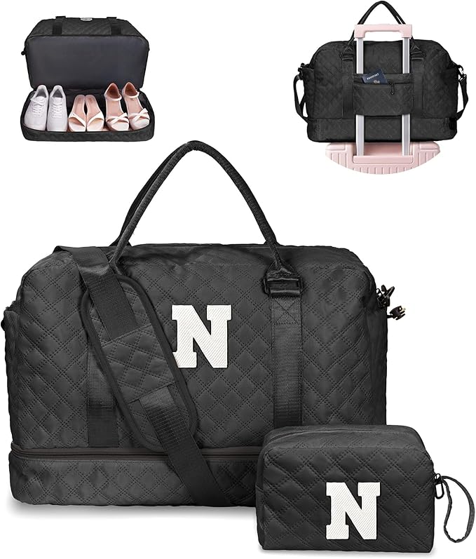 Navy Duffel Bag - Personalized Initial, Weekender, Overnight, Travel Bag with Shoe Compartment & Makeup Bag, Size 12x7x2 inches