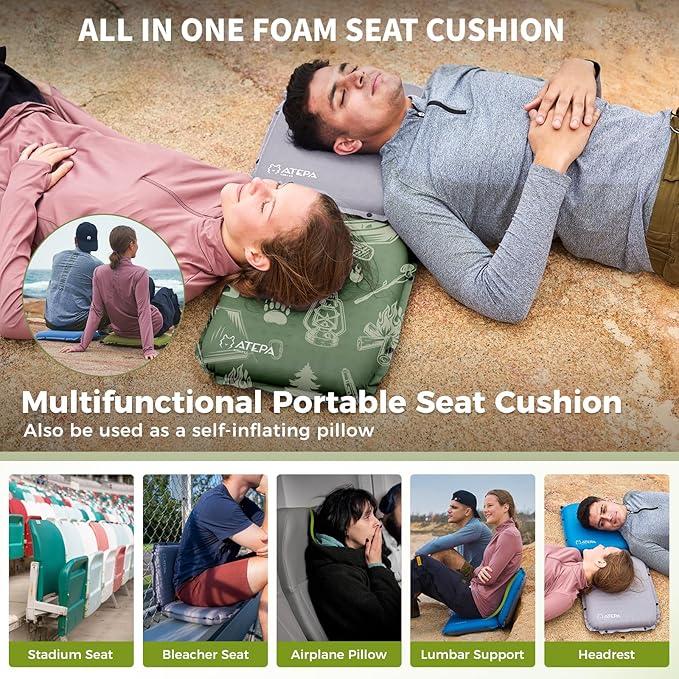 ATEPA Inflatable Seat Cushion, Self-Inflating Portable Stadium Airplane Travel Foam Cushion Pad for Camping, Sports Events, Outdoor