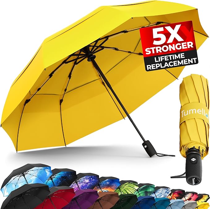 TUMELLA Strongest Windproof Travel Umbrella (Compact, Superior & Beautiful), Small, Wind-Tested, Light & Portable, Automatic Folding Rain Umbrella, Durable Premium Grip, Fits Car and Backpack