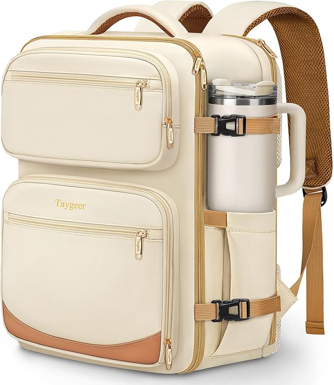 Taygeer Underseat 40L Travel Backpack with Shoe Compartment, TSA Approved Frontier Airlines Personal Item Bag, 18x14x8 inches Travel Bag for Women Weekender Fits Spirit Frontier Allegiant, Beige