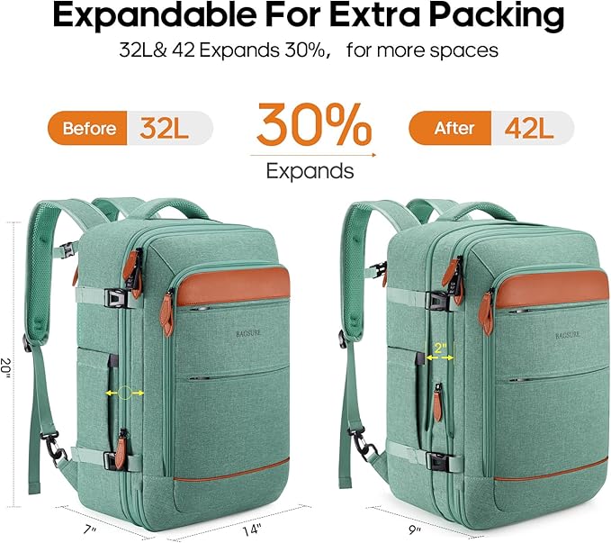 Bagsure Travel Backpack Carry On Backpack 42L Flight Approved, Expandable Laptop Backpack with Packing Cubes & Shoe Pocket, Water Resistant Luggage Backpack for Men Women, Large Backpack 20 * 14 * 7"