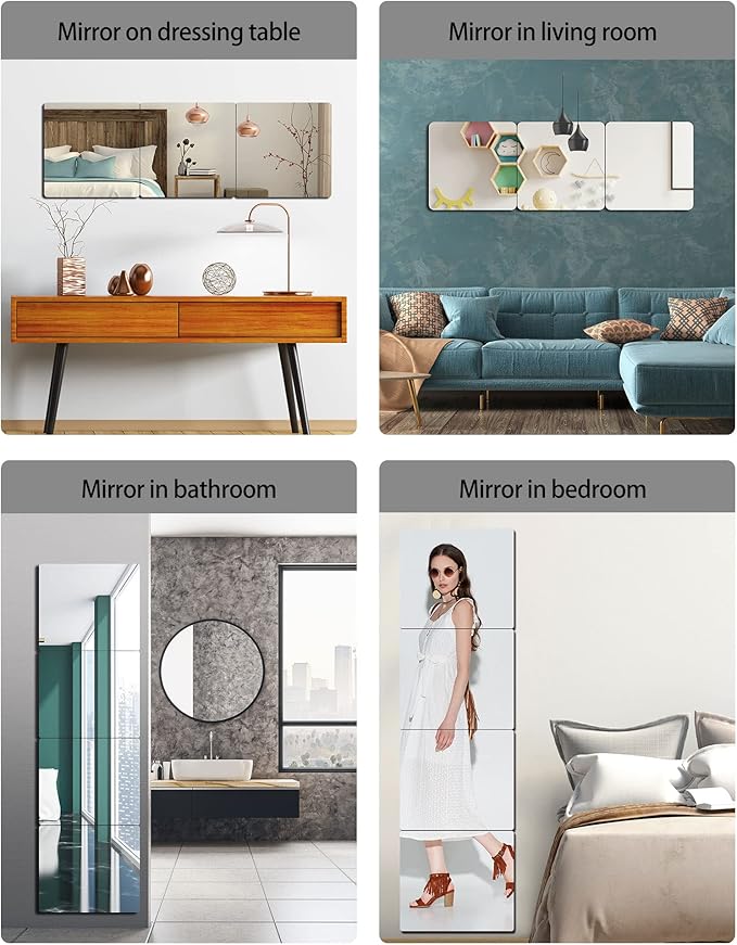 Unbreakable Acrylic Mirror Non-Glass shatterproof Mirror Full Length Wall Gym for Home Mirror Frameless Home Fitness Mirrors (4pcs,12 in x12 in ), Silver