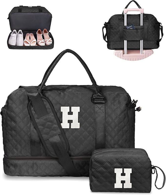 Gifts Personalized Initial Duffle Bag for Teen-Girls - Weekender Overnight Travel Bag with Shoe and Makeup Compartments, Birthday Graduate Gift (Letter H)