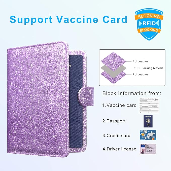 ACdream Unisex Faux Leather Passport and Vaccine Card Holder, Glitter Purple, RFID Blocking, Protects Valuable Information