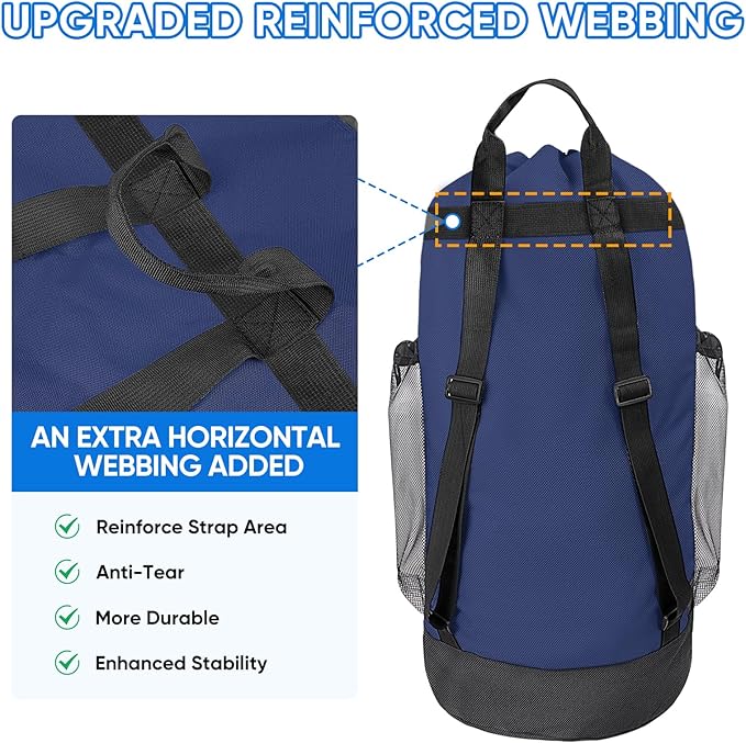 BALEINE 2PK 150L Laundry Bag Backpack, 900D Oxford Fabric Large Travel Laundry Bags with Shoulder Straps and 2 Mesh Pockets for College Dorm, Apartment, Laundromat (Navy, 150L)