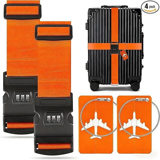4-piece Set of Lockable Luggage Straps - Two Luggage Straps and Two Luggage Tags to Protect Your Luggage from Bursting, Suitable for suitcases 20-32 in (Orange Password Lock)