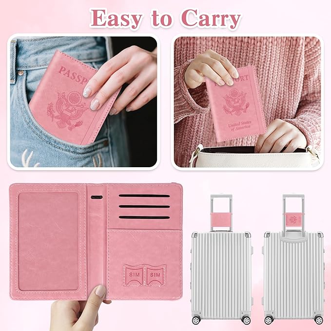 Passport Holder for Travel, RFID Blocking Passport Cover with Pen Holder Leather Passport Wallet Case Travel Must Haves Accessories Passport Book Card Holder for Family Travel Essentials Gifts, Pink