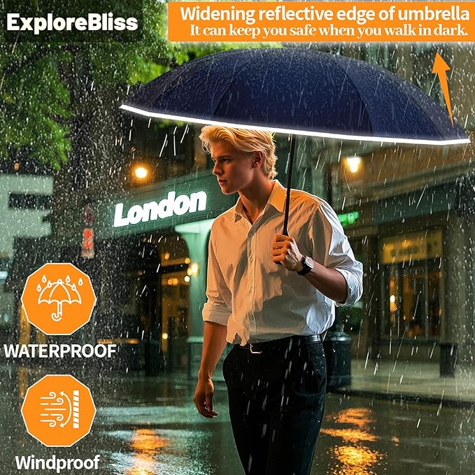 ExploreBliss Travel Umbrella Superior, Beautiful & Compact, Large Strong but Light Portable and Automatic Folding Rain Umbrella, Premium Grip, Fits Car & Backpack