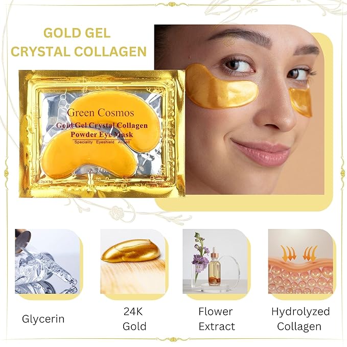 Green Cosmos 30 Pairs 24k Gold Under Eye Patches, Gold Crystal Collagen Eye Mask, Dark Circles Treatments, Removes Under Eye Bags, Collagen Gel Pads for smooth skin, Eye Pads for puffiness