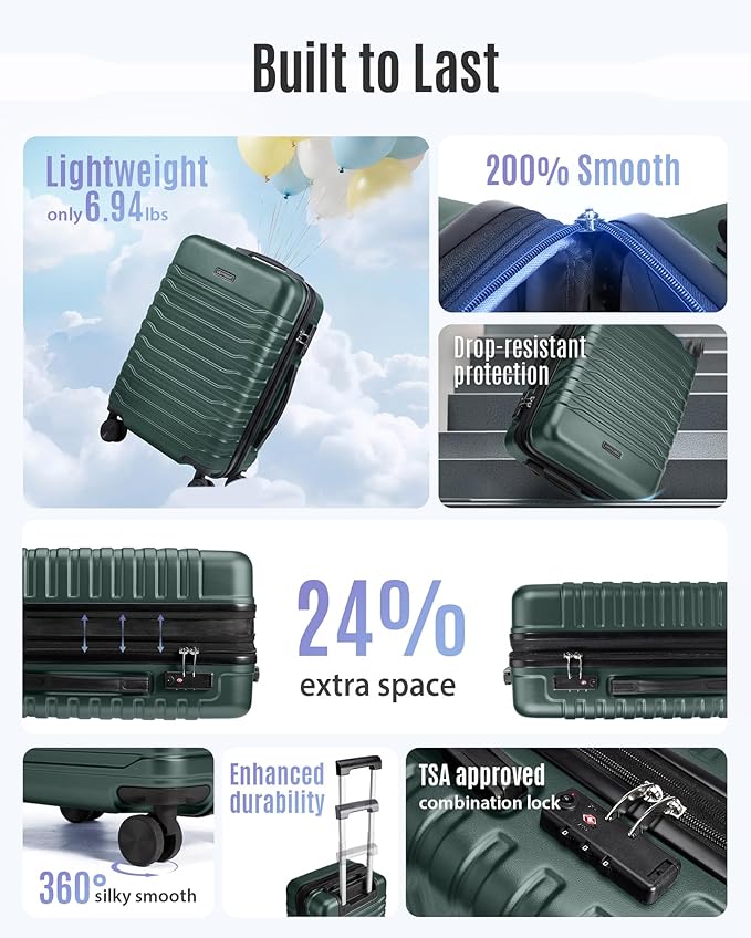 LIGHT FLIGHT Expandable Carry On Luggage 22x14x9 Airline Approved with Double Spinner Wheels, 20 Inch Lightweight Hard Shell Rolling Suitcases with TSA Lock, Pine Green
