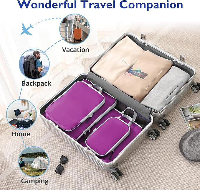 Compression Packing Cubes, 8 Set Packing Cubes for Travel Compression, Lightweight Compressible Package Organizer for Carry On and Suitcases, Purple and Grey