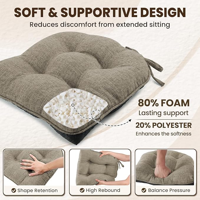 downluxe Indoor Chair Cushions for Dining Chairs, Tufted Overstuffed Textured Memory Foam Kitchen Chair Pads with Ties and Non-Slip Backing, 15.5" x 15.5" x 4", Khaki, 4 Pack