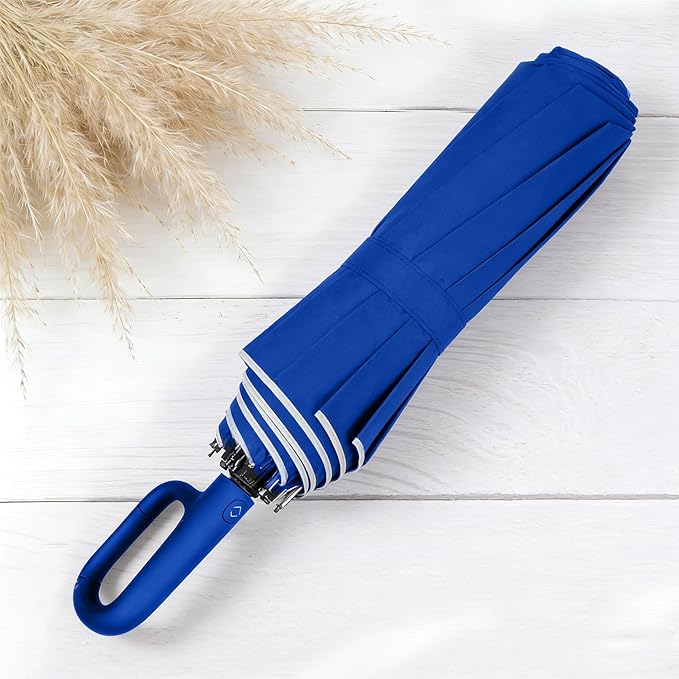 SIEPASA Travel Umbrella with Carabiner Handle - Windproof 10 Ribs Auto Open/Close for Rain & Sun Protection, Compact Portable Clip-on Backpack Design with Safety Reflective Strip.