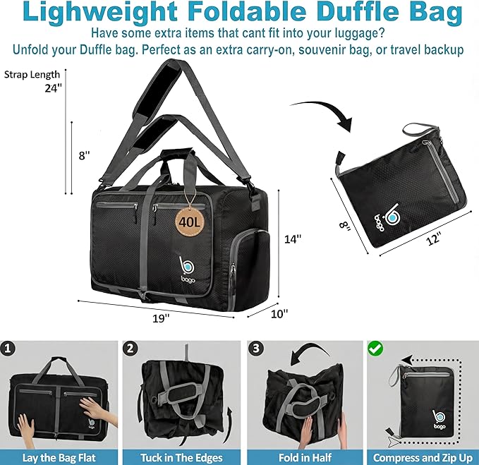 Bago Compact Duffle Bag for Travel Women & Men. Durable Lightweight Foldable Travel Duffel Bags For Traveling Women. 40L Duffle Bags a Reliable Weekender duffel or Overnight Bag With Shoe Compartment
