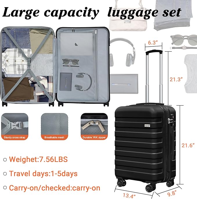Zebra 20" Expandable Carry-On, Lightweight Hardshell Suitcase with Spinner Wheels, Black