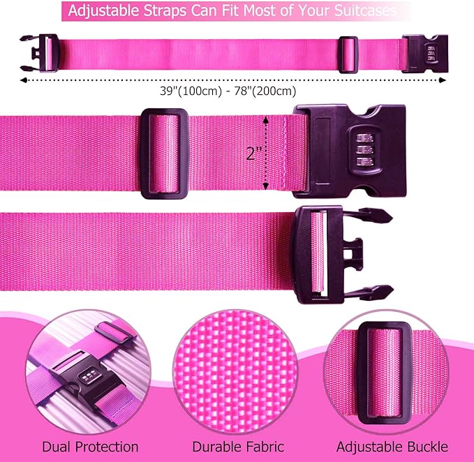 2 PCS Luggage Strap 78" x 2" Suitcase Belts Wide Adjustable Packing Straps Travel Accessories, Rose Pink & Combination Lock