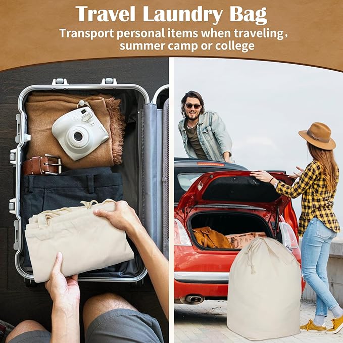 Canvas Laundry Bags with Handles & Square Base 16"Lx16"W x27.6"H, Extra Large Heavy Duty Laundry Basket Hamper Liner, Washable Drawstring Dirty Clothes Bag Canvas Storage Sack(Beige,1 Pack)