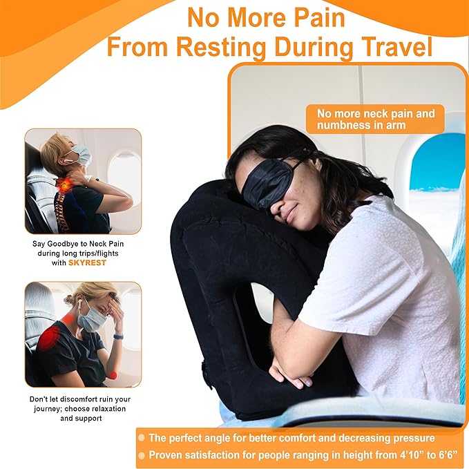 Skyrest®️ Inflatable Travel Pillow for Buses, Comfortably Support Head, Air Pillow for Sleeping to Avoid Neck, Lumbar and Shoulder Pain, Pillows for Airplanes Buses Cars Office (Black)