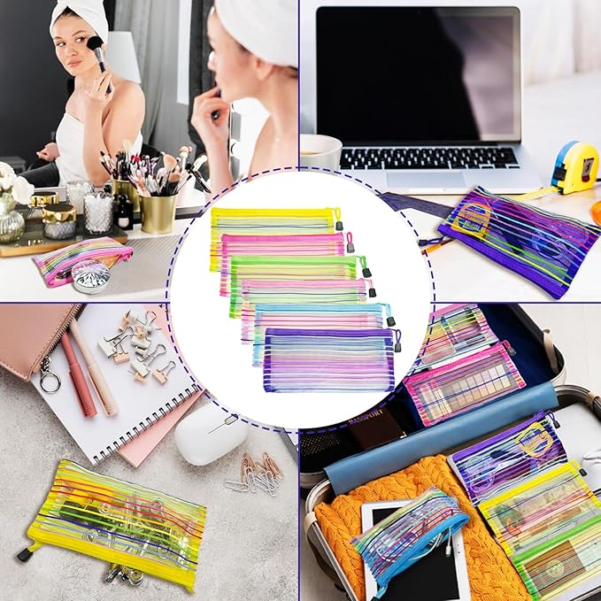 Mesh Bags with Zipper (6 Pack), Small Nylon Makeup Bag Cosmetic Pouches Travel Organizer for Purse Diaper Bag Home Organizing Striped Mix 6 Colors