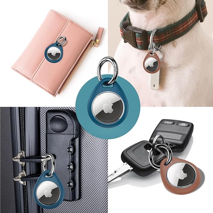 UNBREAKcable Holder for Apple AirTag - 4 Pack [Fit Tightly Design] [Easy to Install] [Hold Air Tag Securely] Waterproof TPU Shell Protective Case with All Metal Keychain Key Ring Clip (Brown&Blue)