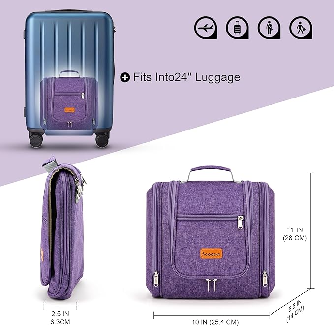 Hanging Travel Toiletry Bag for Women and Men, 6 Organizer Compartments, Large Toiletries essentials, Bathroom Cosmetic Accessories, Water-resistant Makeup Bag, Holds Full-Size Shampoo, Purple