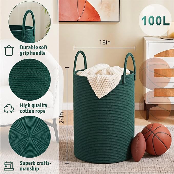 Laundry Basket,Woven Cotton Rope Laundry Hamper,100L for Decorative Storage of Dirty Clothes,Toys and Blankets in Bathroom,Baby Room and Living Room
