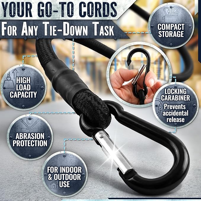 4 Pcs Heavy Duty Bungee Cords with Carabiner Hooks – 24", 200 Lbs Load, Latex & Braided Rubber Cord, Anti-Rust Steel Carabiner Bungee Cord, UV Resistant | Camp, Car, RV, Kayak | Home & Outdoor Use