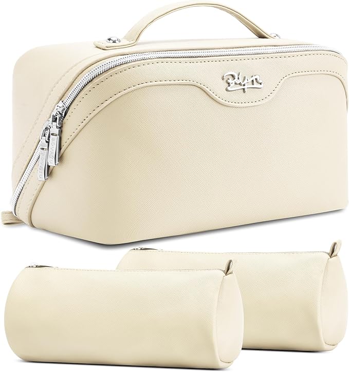 BOYATU Travel Makeup Bag Organizer Cosmetic Bag: 3 Pcs Set Make up Bags for Women with Handle - Waterproof Vegan Leather Toiletry Bags Travel Essentials Pouch with Compartments (C-04-White)