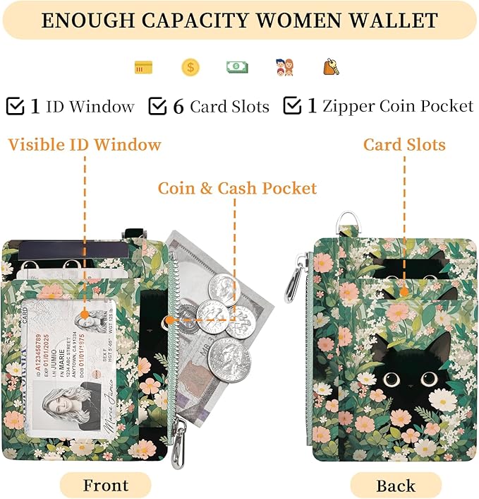Hancynir Slim Wallet Women Credit Card Holder Cute Black Cat Floral RFID Small Mini Card Case Front Pocket PU Leather Thin Travel Zipper Coin Cash ID Window Girls Wallet Gifts
